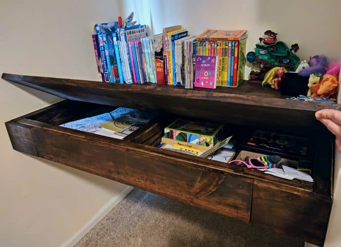 finished floating wall desk with storage