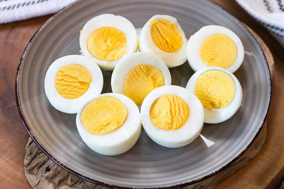 Hard-boiled eggs sliced in half.