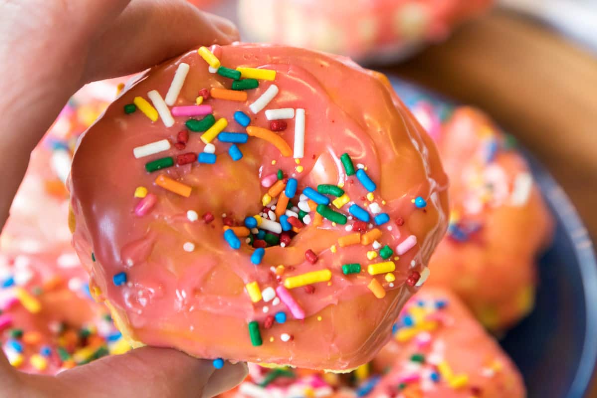 Close up shot of easy air fryer biscuit donuts.