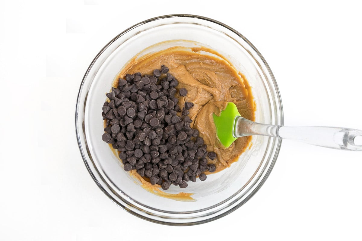 Add the chocolate chips to the peanut butter mixture.