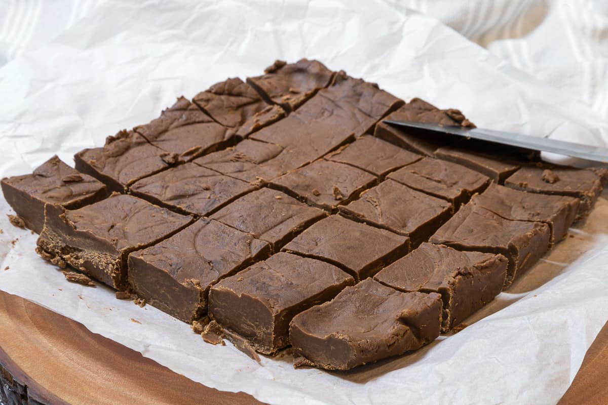 The fudge is cut into twenty-five squares.