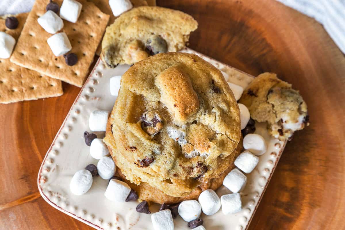 Chocolate chip s'mores cookies on a plate.