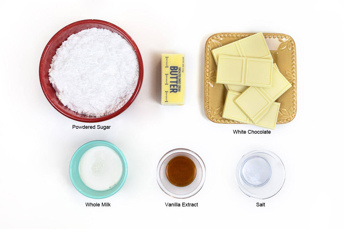 Ingredients for white chocolate buttercream frosting.
