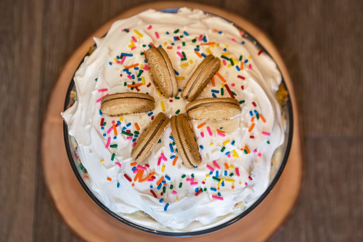 Birthday trifle cake with sprinkles.