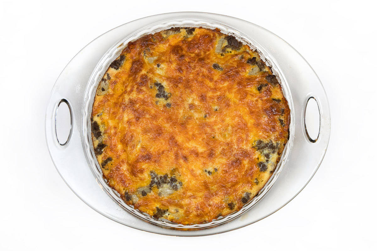 Bisquick cheeseburger pie baked in the oven for twenty-five minutes.