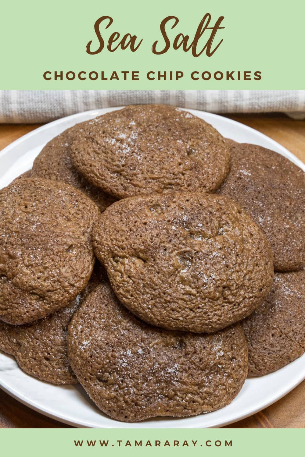Sea salt chocolate chip cookies on a plate.