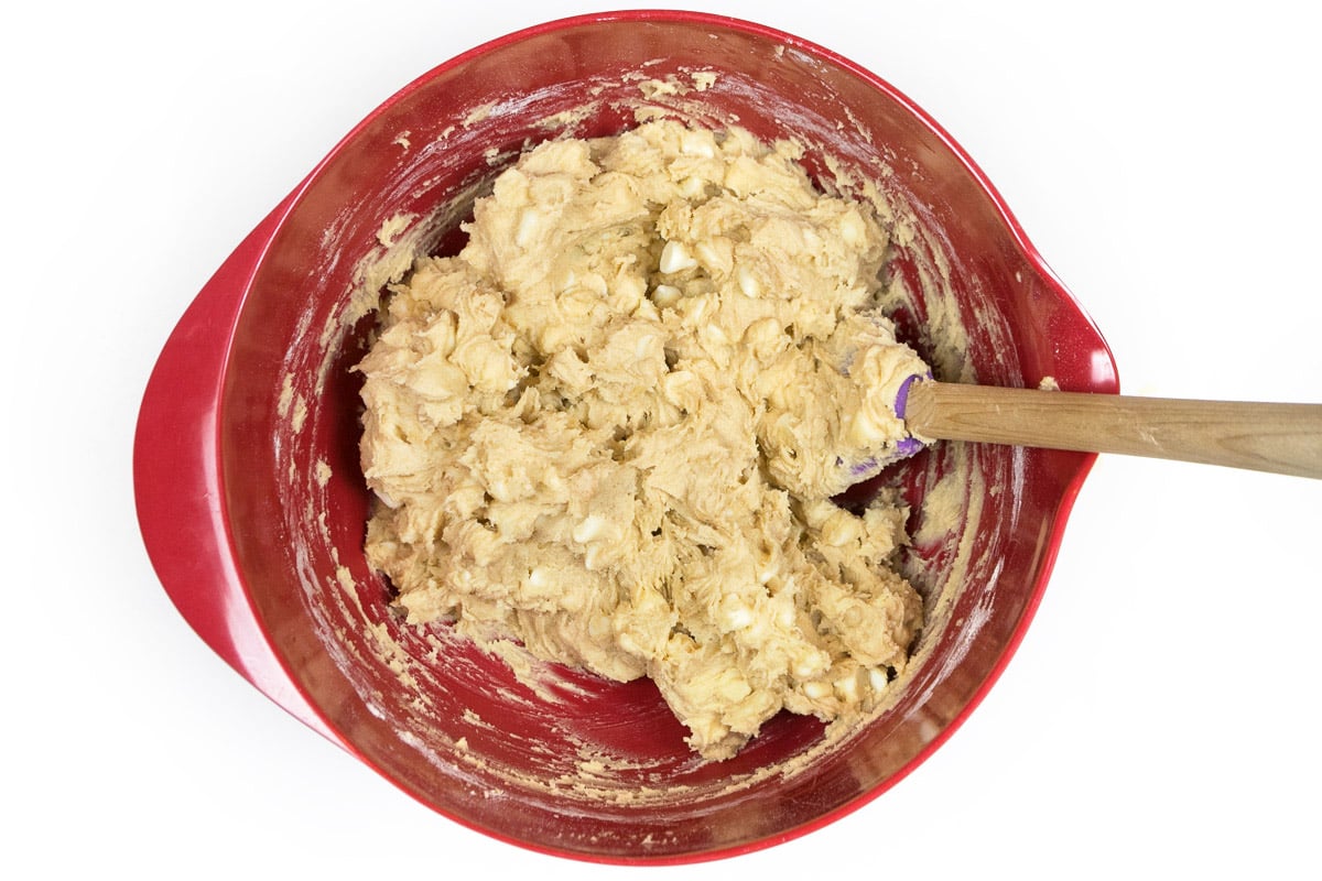 White chocolate chip and macadamia nuts are mixed in with the cookie dough.