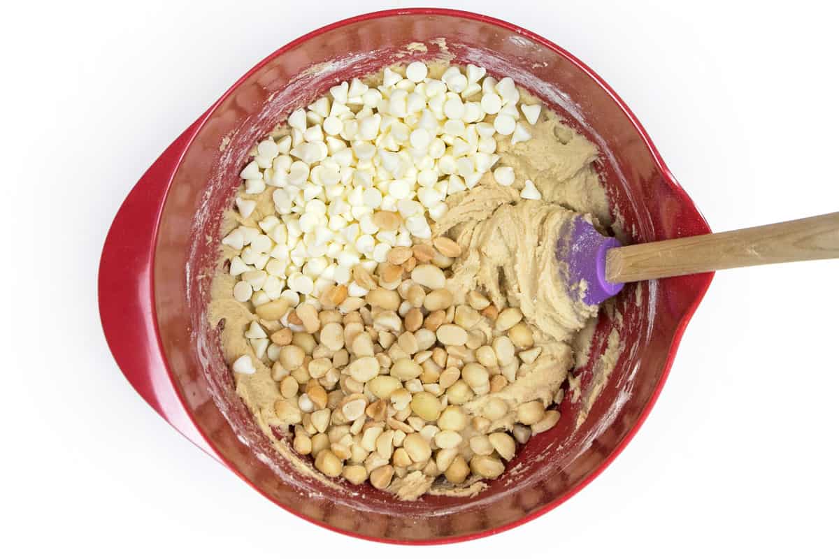White chocolate chip and macadamia nuts are added to the cookie dough.