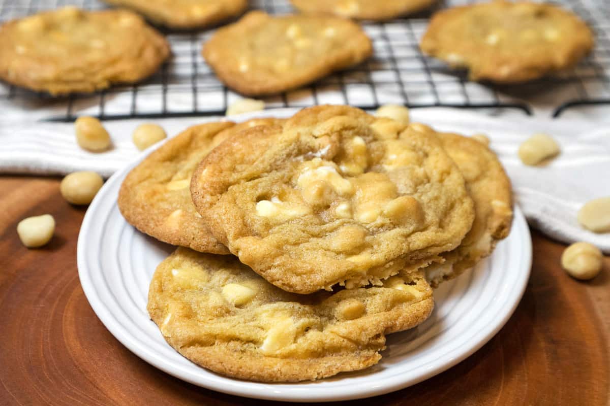 White chocolate macadamia nut cookies on a plate.