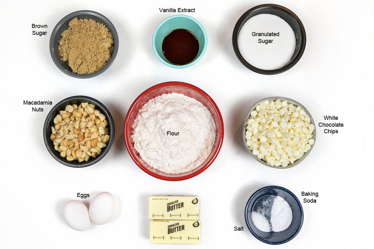 Ingredients for white chocolate macadamia nut cookies.