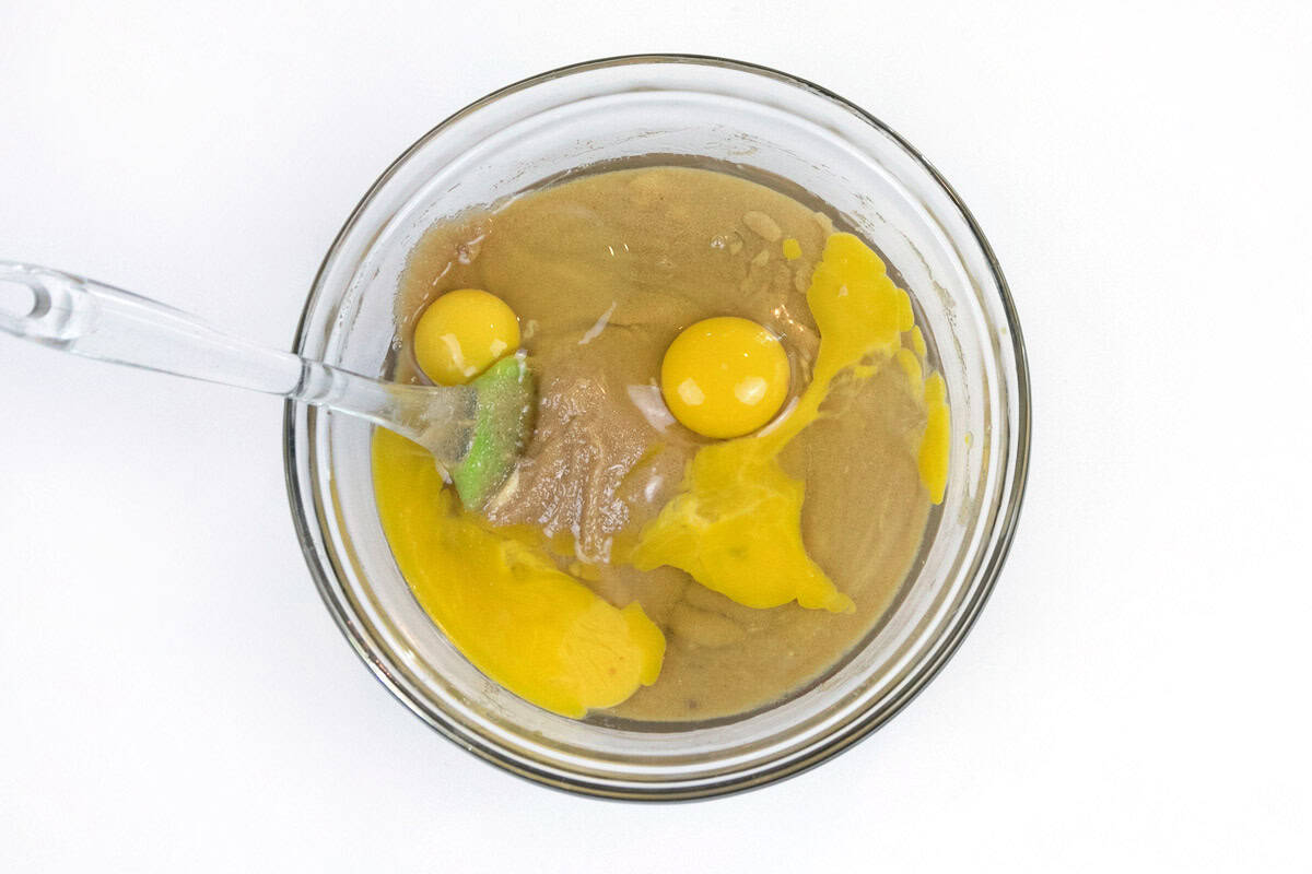 Eggs added to the butter and sugar mixture.