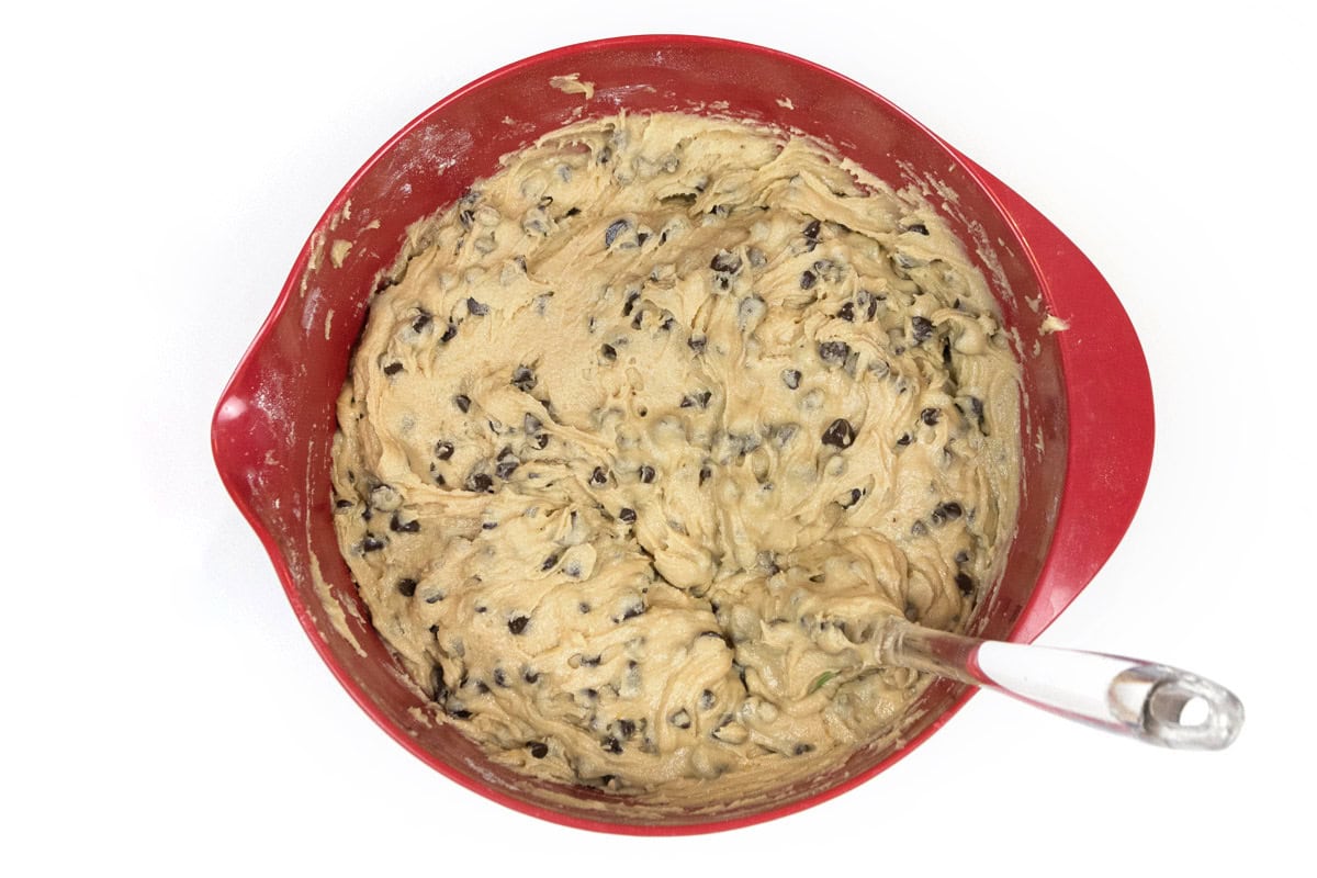 Chocolate chips mixed into the cookie dough.