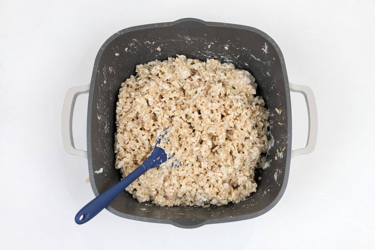 Rice Krispies, marshmallows, and butter mixture.
