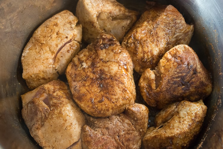 Pork browned in the instant pot on saute.