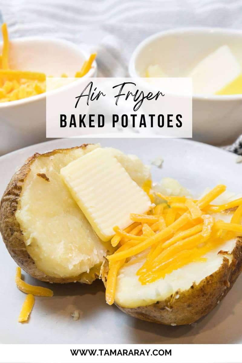 Air fryer baked potatoes on a plate.