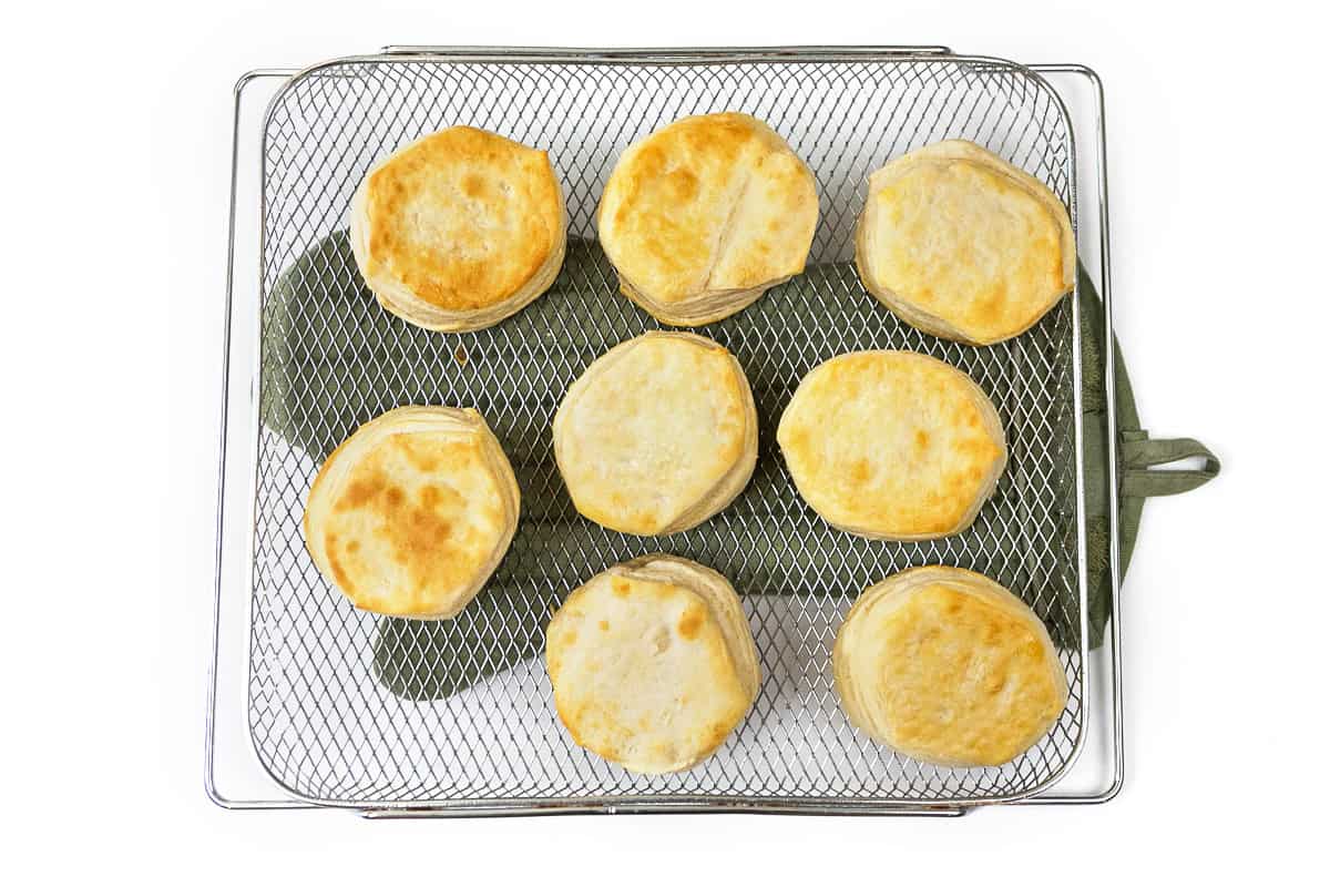 Biscuits on the tray after being air fried.