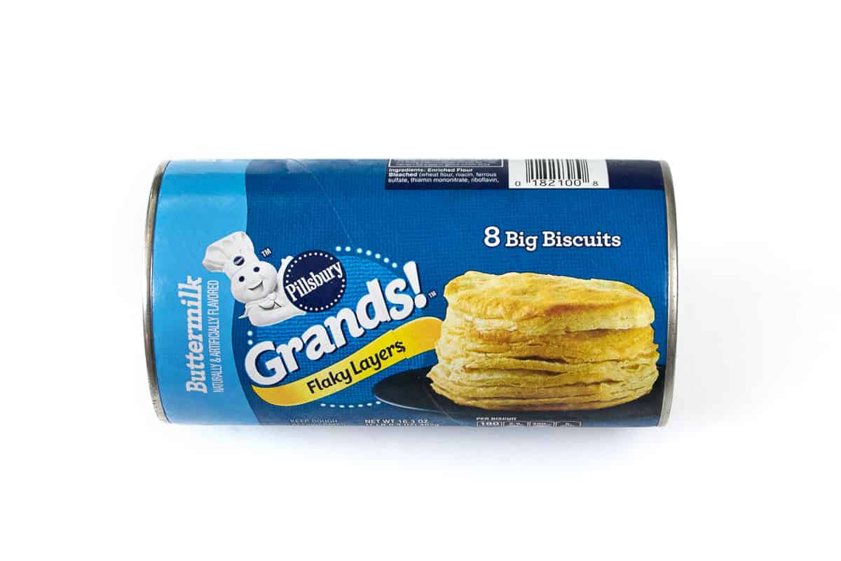 The ingredients for air fryer biscuits are one can of eight big biscuits - Pillsbury Grands Flaky Layers Buttermilk Biscuits.