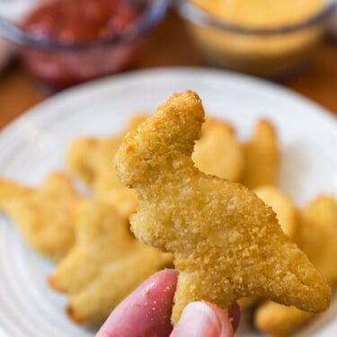 Air fried dino buddies recipe close up, holding a single nugget.