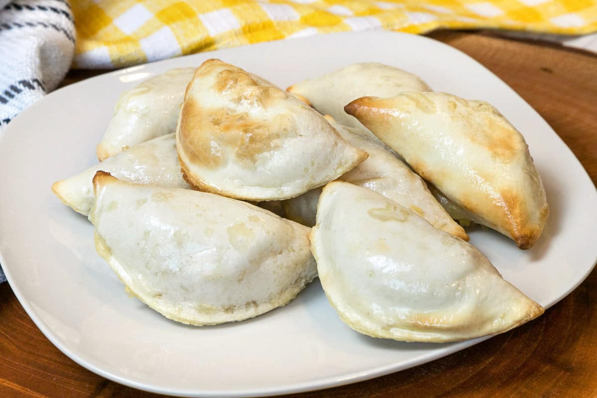 Air fryer pierogies on a plate.