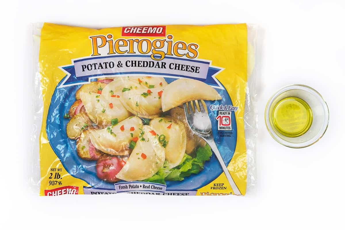 Ingredients for air fryer pierogies.