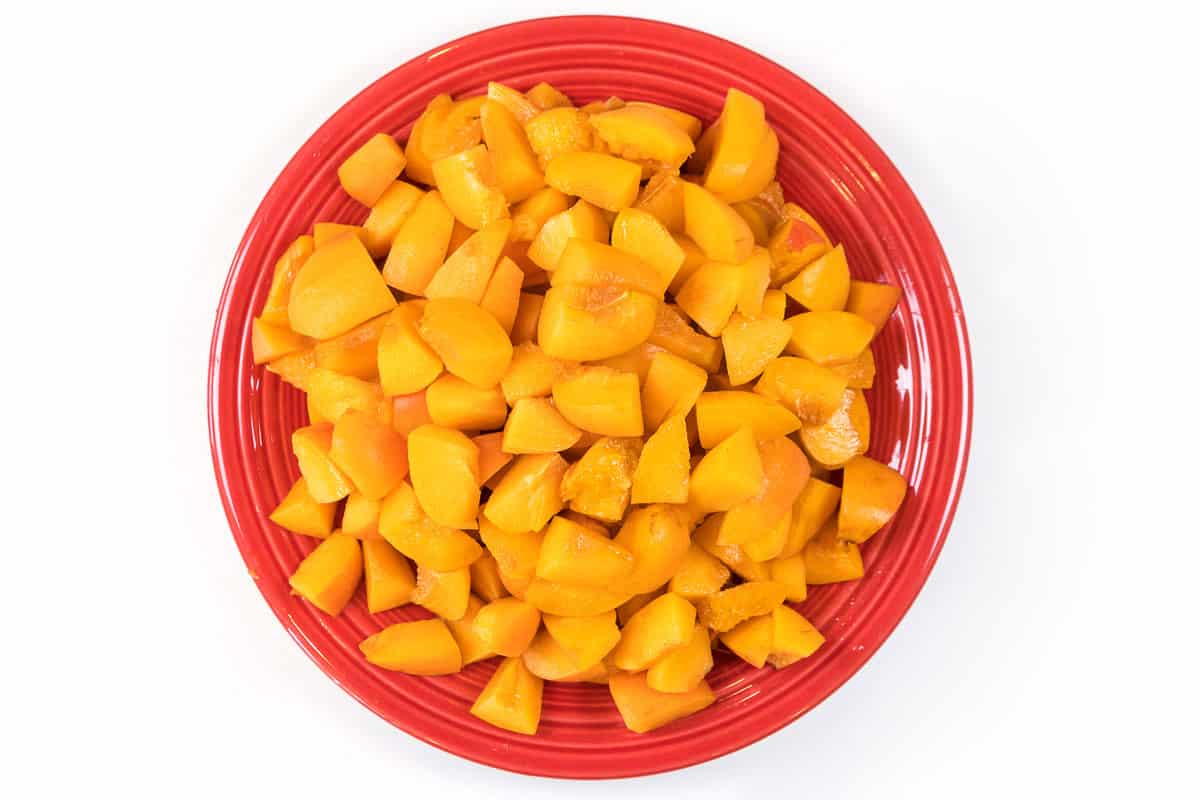 Twelve apricots, not peeled, seeds removed, then cut into cubes.