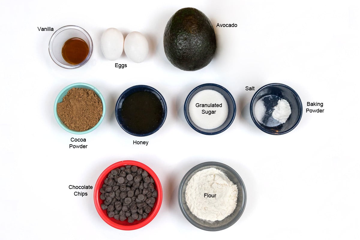 Ingredients for fudgy avocado brownies.