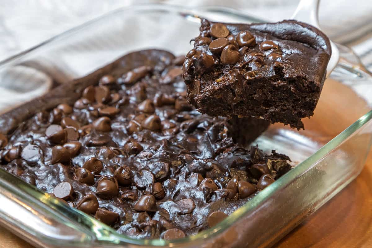 Fudgy avocado brownies in a pan.
