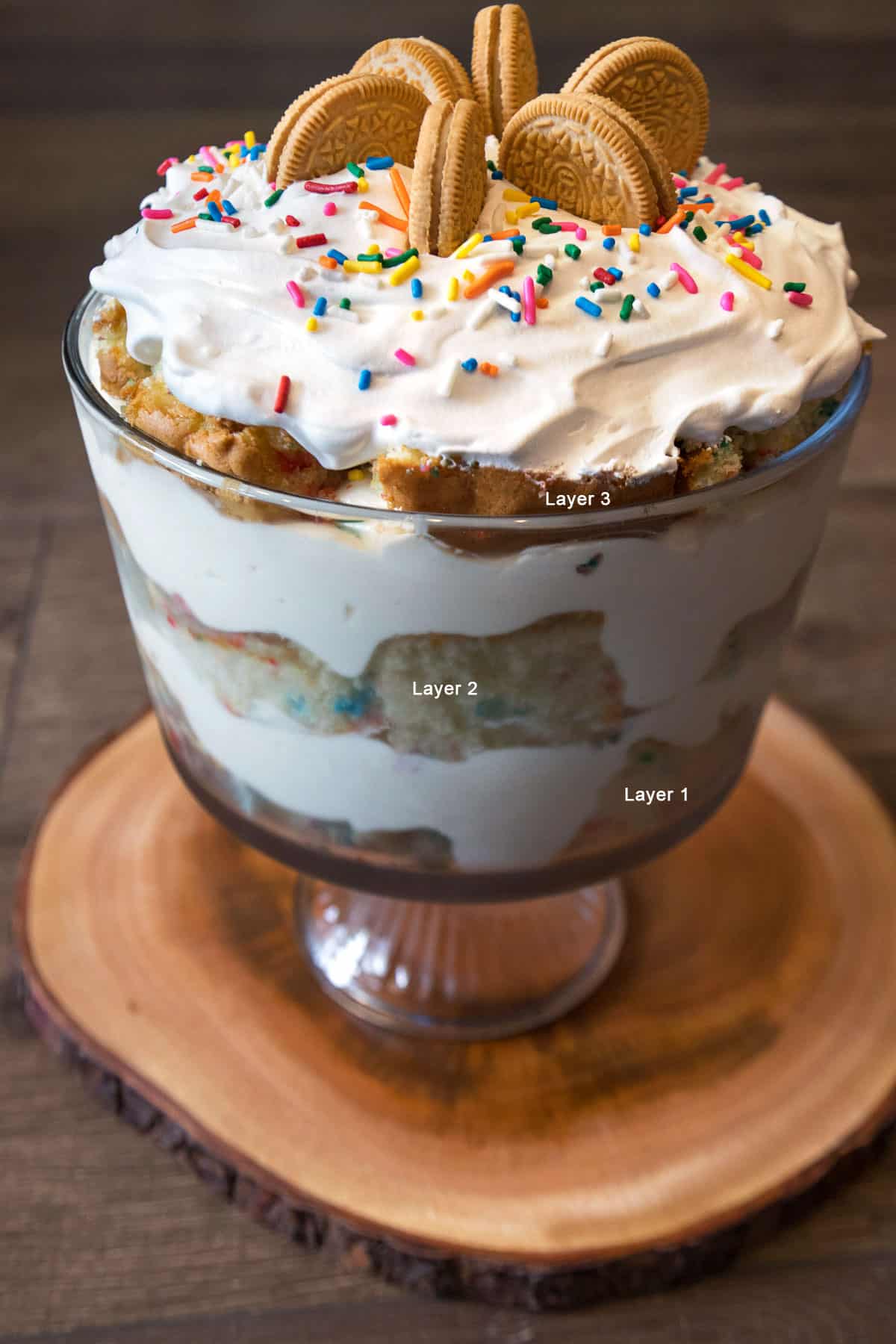 Three layers of Birthday Trifle Cake with Sprinkles.