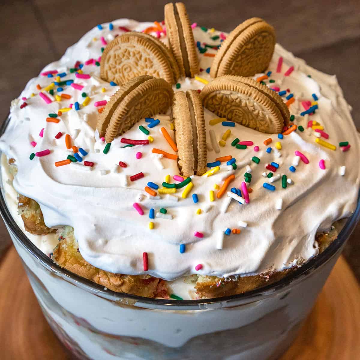 Birthday trifle cake with sprinkles.