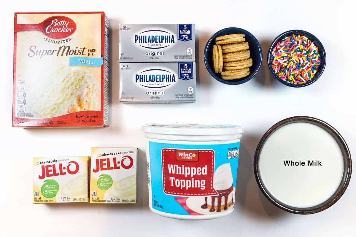 Ingredients for birthday trifle cake with sprinkles.