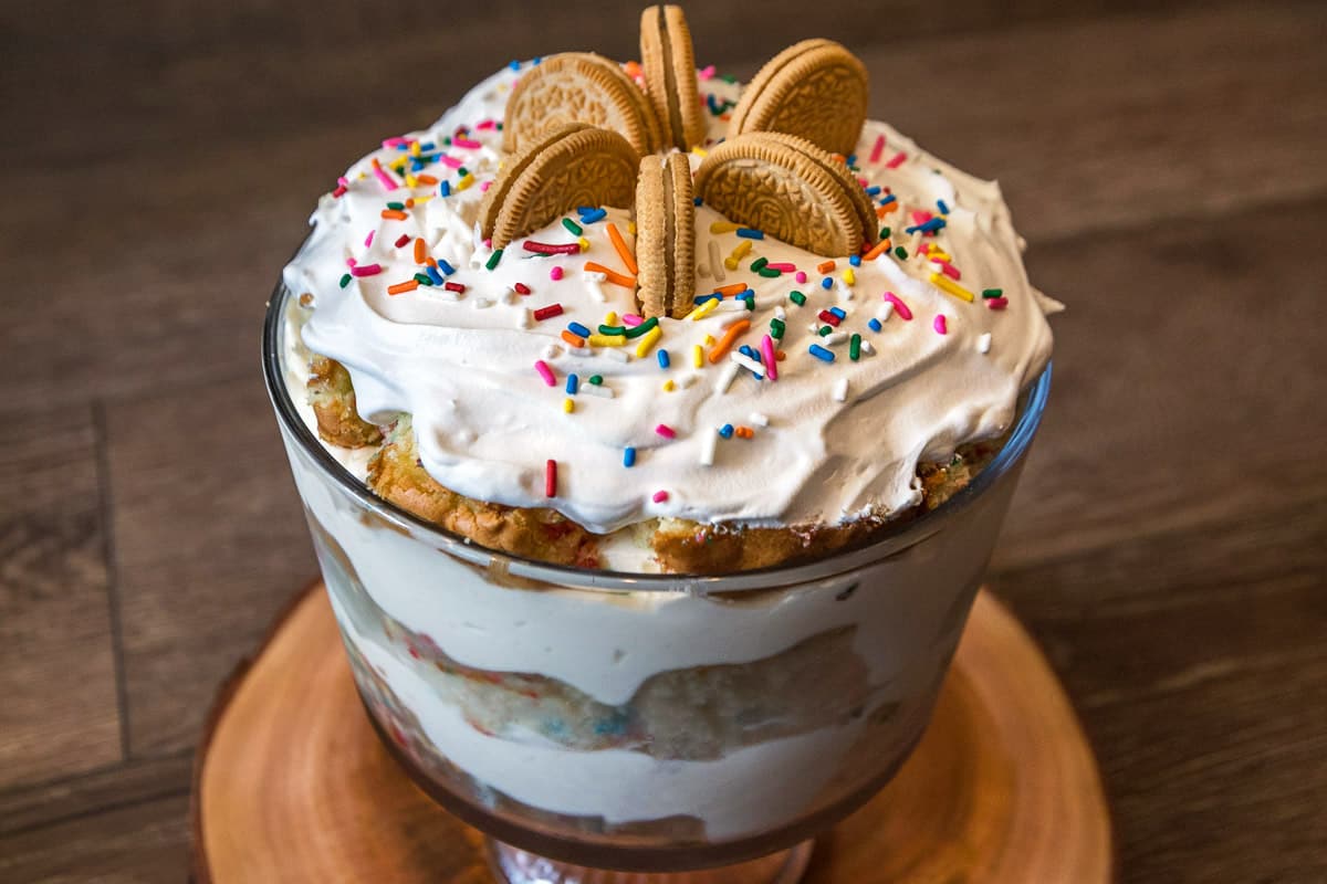 Birthday trifle cake with sprinkles.
