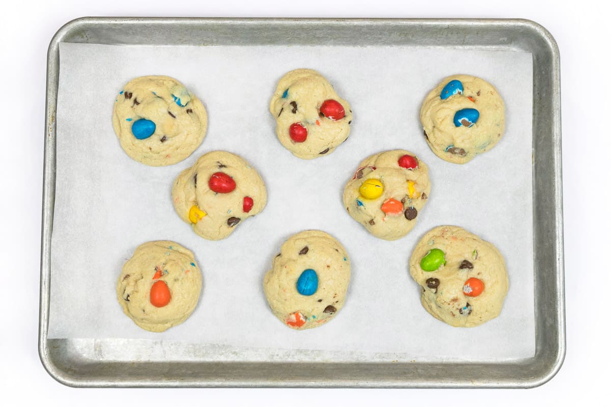 The cookies are baked for nine minutes at three hundred and seventy-five degrees Fahrenheit.