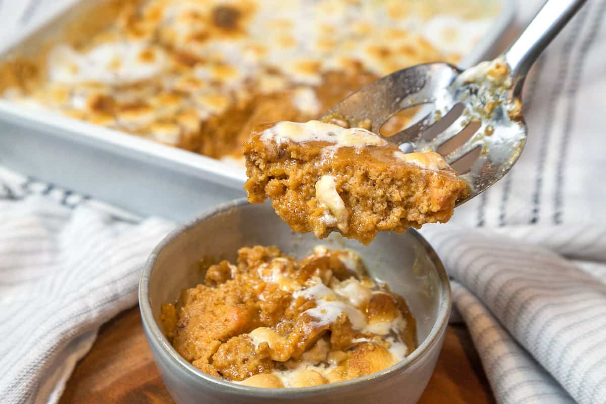 Baked sweet potato casserole in a bowl.