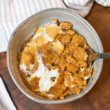 Canned sweet potato casserole recipe in a bowl.