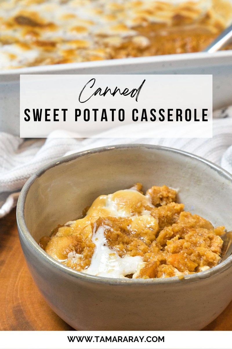 Baked sweet potato casserole in a bowl.