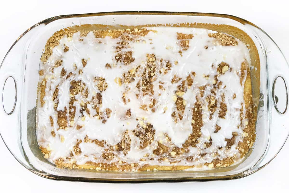 Cherry coffee cake with glaze topping.