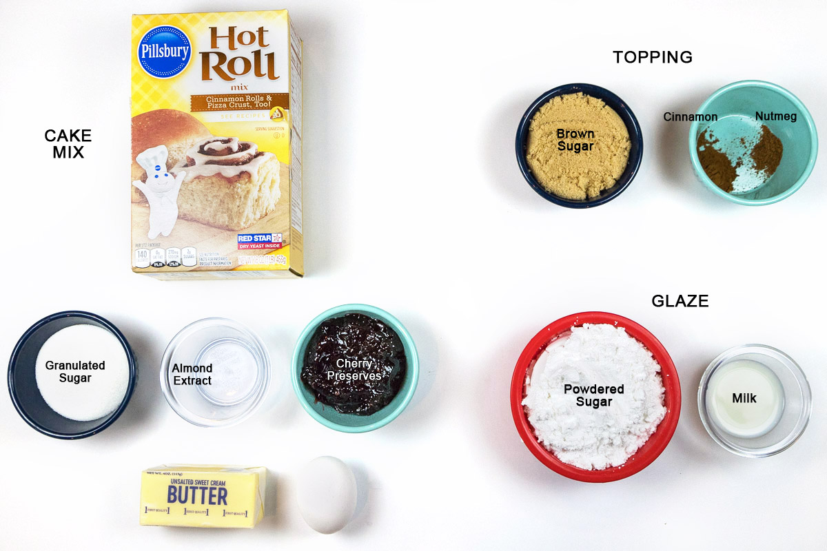 Ingredients for a cherry coffee cake with glaze topping.