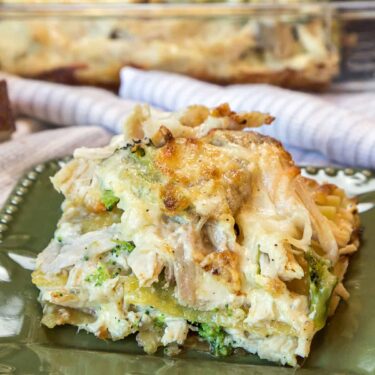 Chicken and broccoli lasagna recipe on a plate close up.