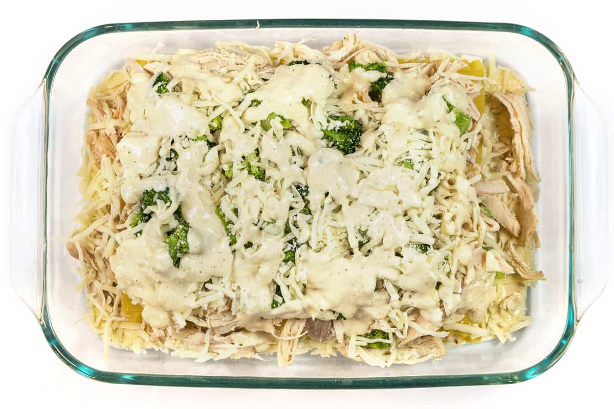 The last layer is Alfredo sauce and mozzarella cheese.
