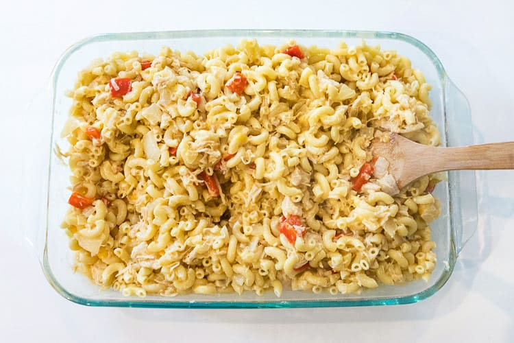 Unbaked cheesy canned chicken noodle casserole.