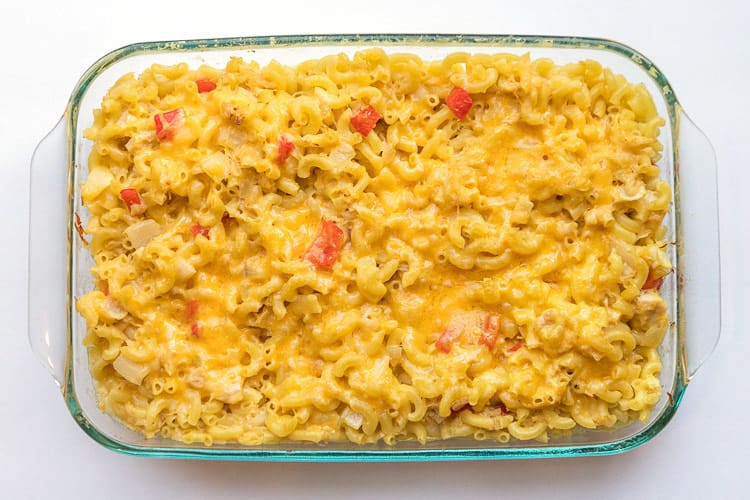 Baked cheesy canned chicken noodle casserole in a baking dish.