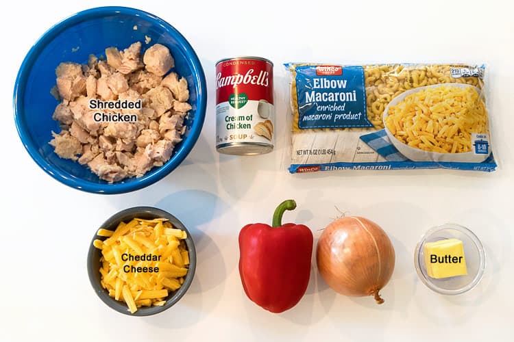 Ingredients for chicken casserole with noodles.