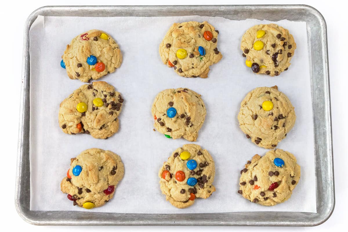 Chocolate chip M&M cookies right out of the oven.