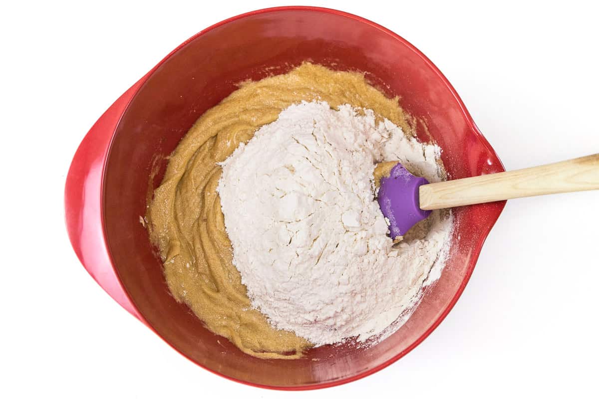Gradually add the flour mixture to the eggs, vanilla, butter, sugar, and light brown sugar.