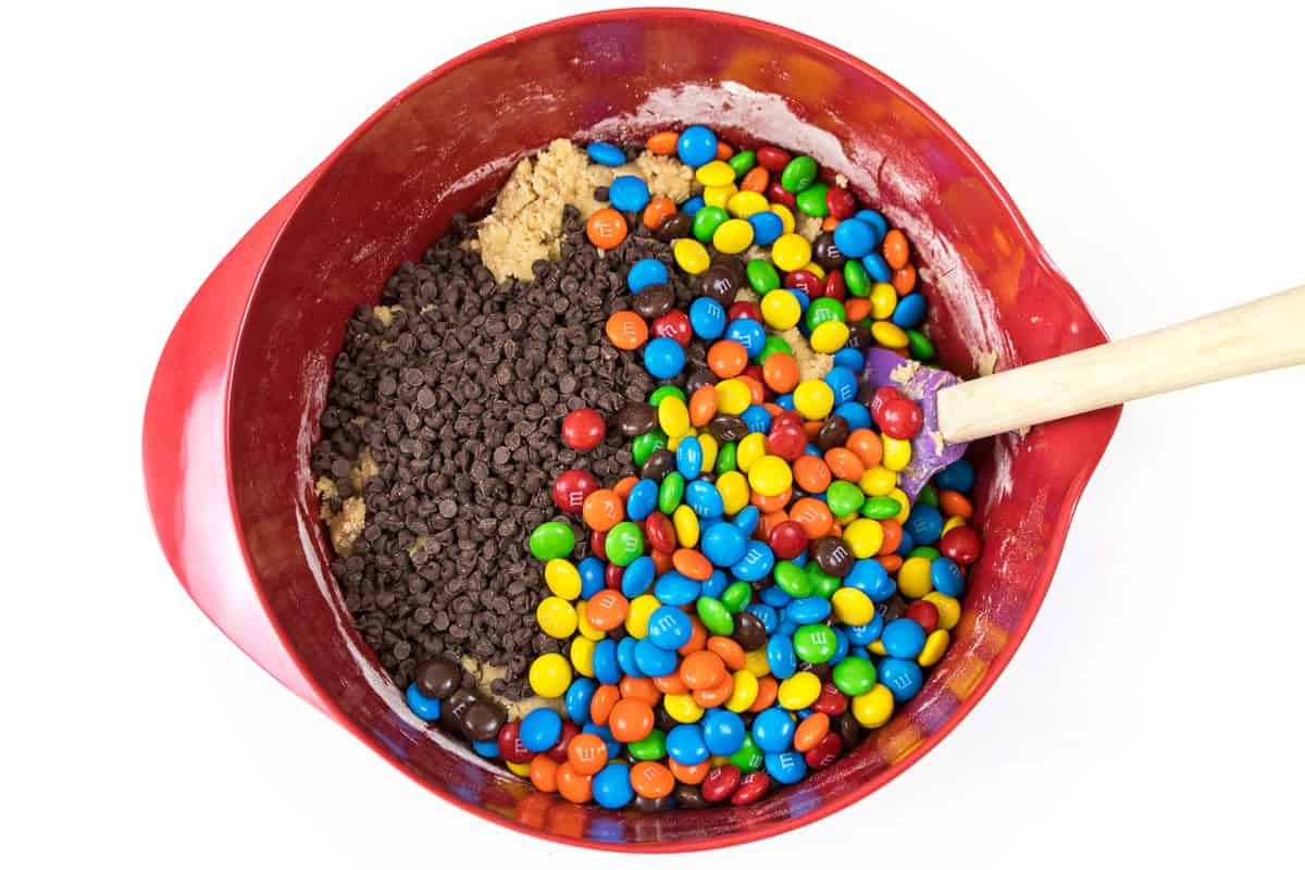 Add the M&M candies and mini chocolate chips.