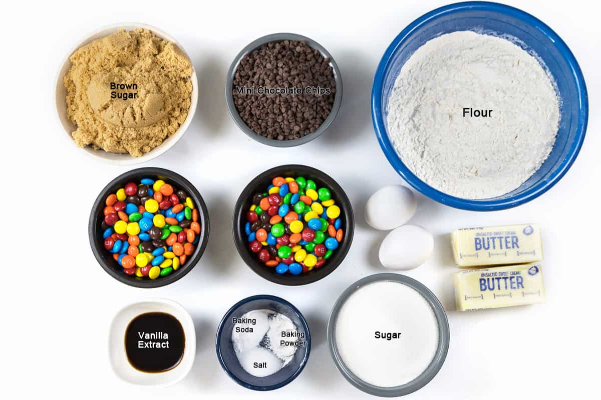 Ingredients for chocolate chip M&M cookies.