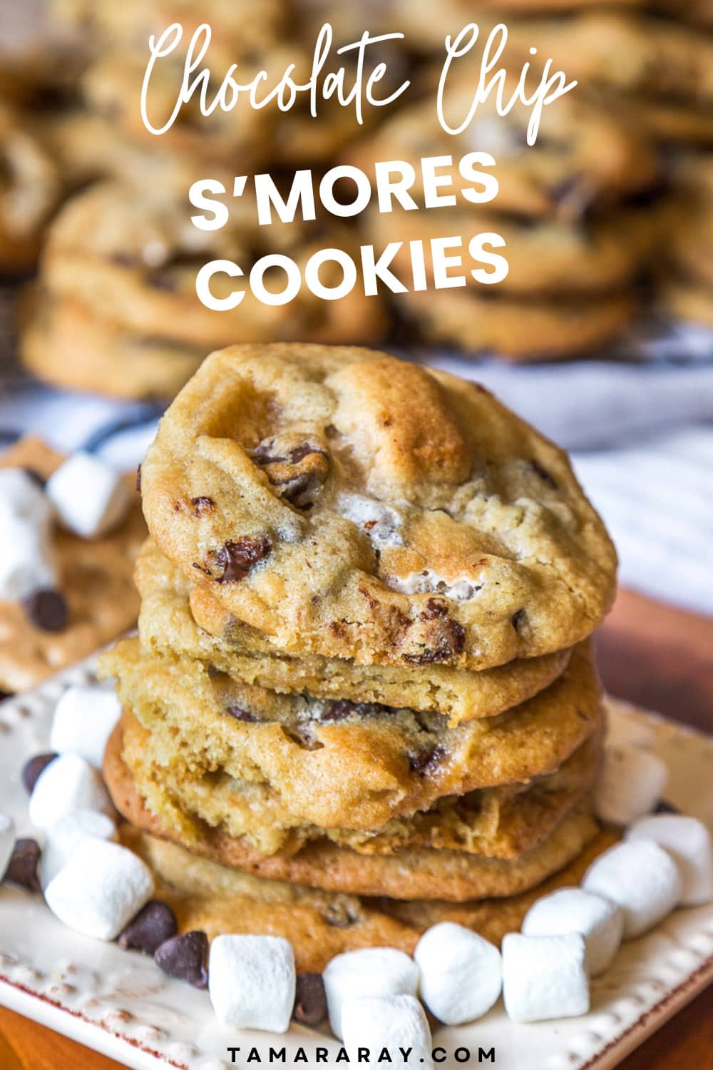 Chocolate chip s'mores cookies on a plate.