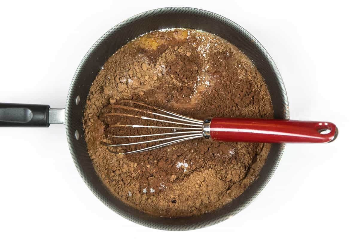 Cornstarch, cocoa powder, sugar, skim milk, egg yolks, vanilla extract, and a pinch of table salt in a saucepan.