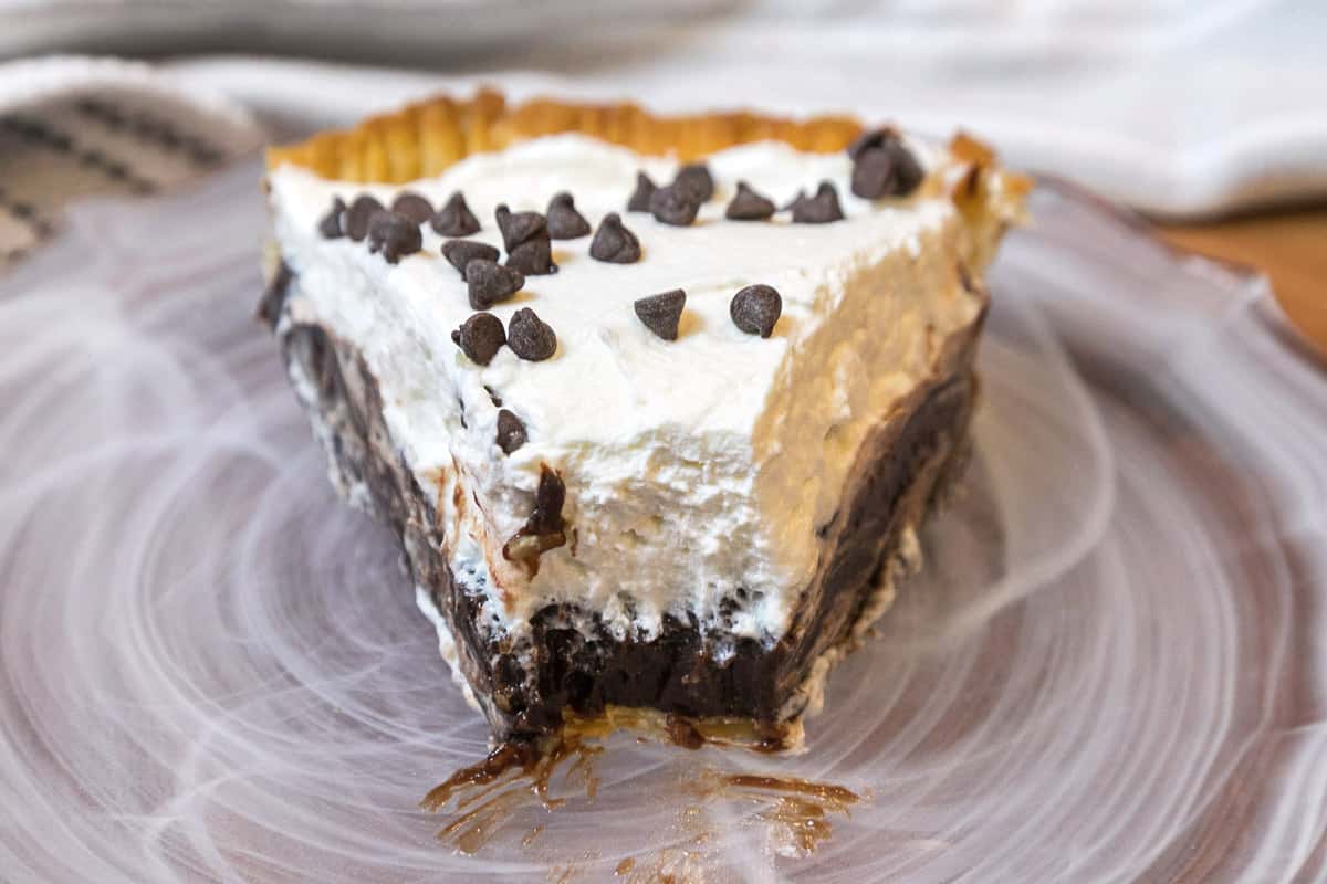 A slice of chocolate pie on a plate.