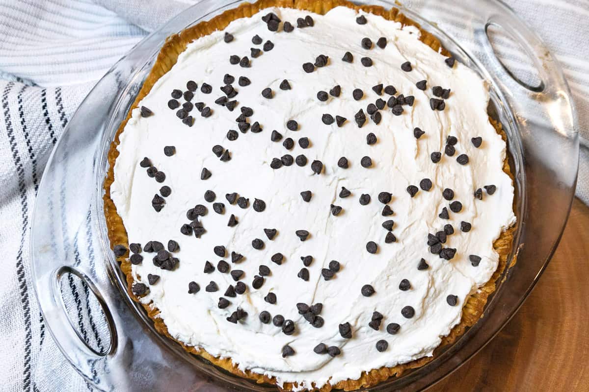 Chocolate pie in a pie dish.